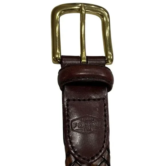 Fossil Vintage Brown Braided Leather Belt Size 34 Brass Buckle LNWT - Picture 2 of 10